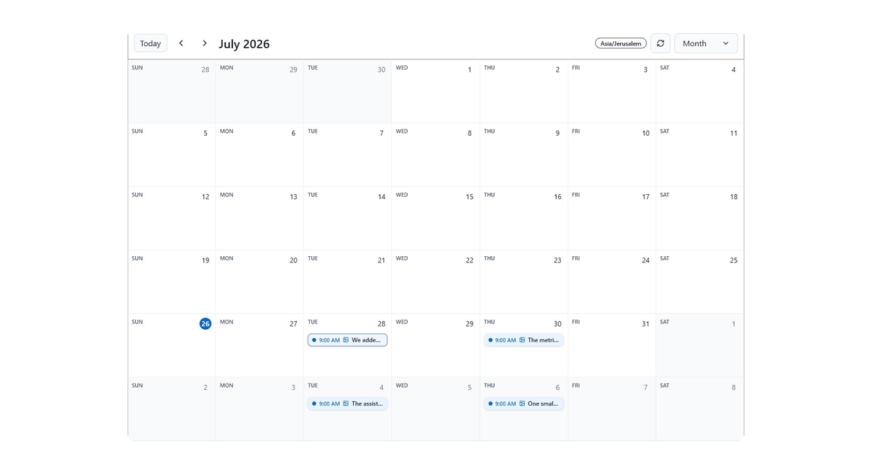 Agented Calendar widget showing Guy Katz's four-post publishing rhythm