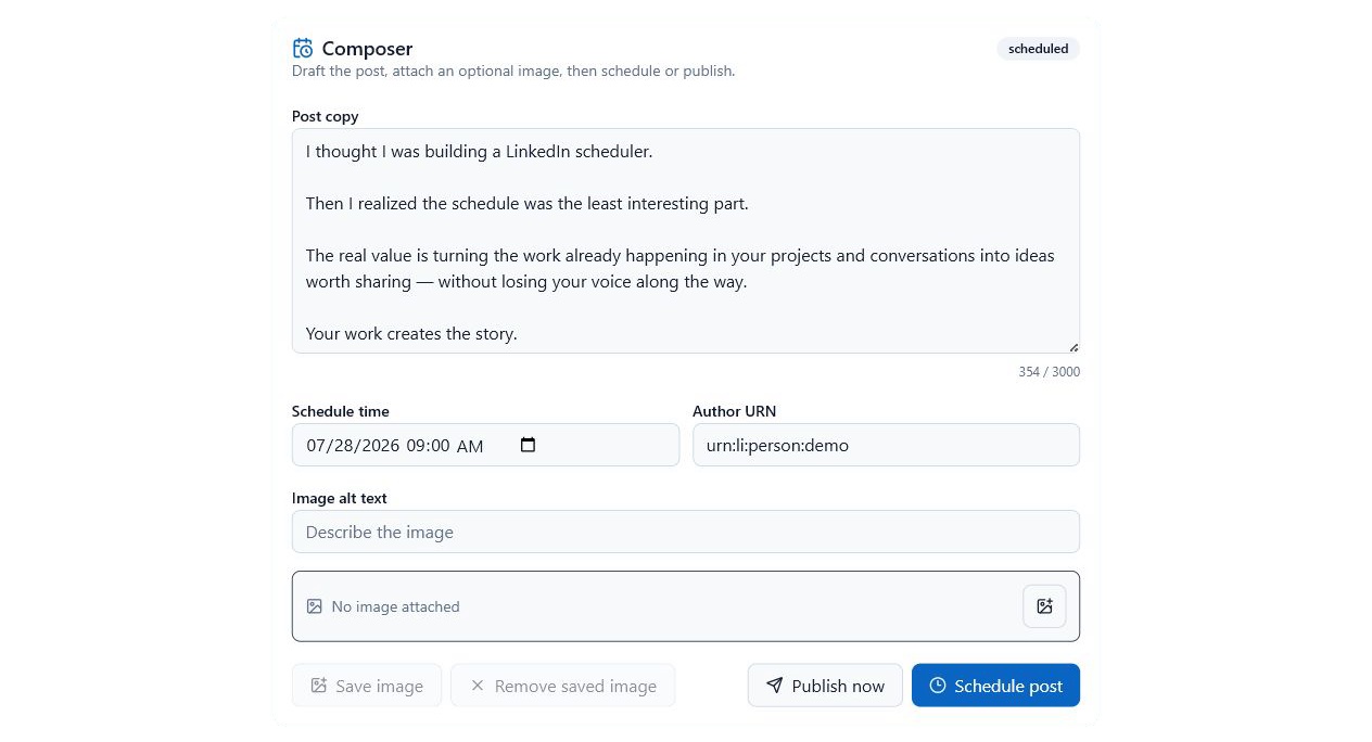 Agented Editor widget with a scheduled LinkedIn post draft