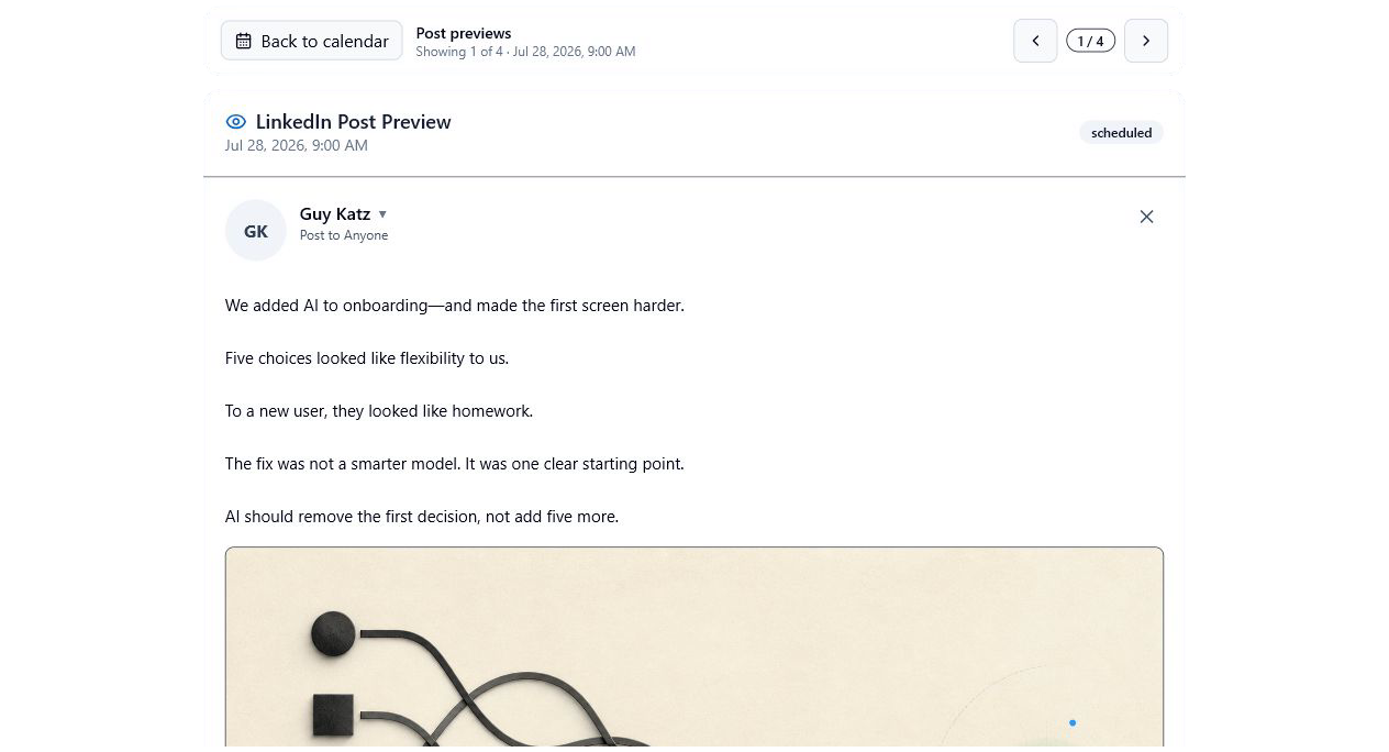Agented Preview widget showing Guy Katz's scheduled LinkedIn post and image