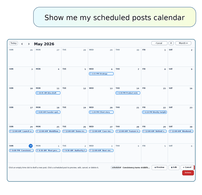 ChatGPT prompt for opening the Agented Scheduler scheduled posts calendar