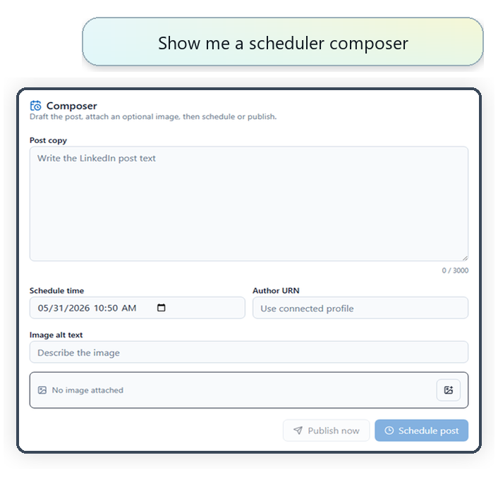 ChatGPT prompt for opening the Agented Scheduler LinkedIn post composer widget
