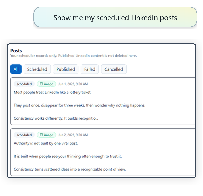 ChatGPT prompt for opening the Agented Scheduler scheduled posts list
